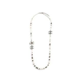 Authentic Chanel Faux Pearl Strass CC Station Necklace – Palladium, 35in
