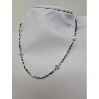 AUTH David Yurman Sterling Silver 14k DY and Pearl Station Cable Necklace
