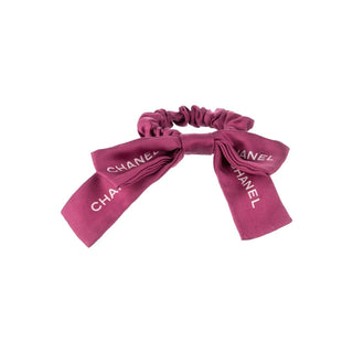 Authentic Chanel 2023 Silk Bow Scrunchie – Purple Logo Print