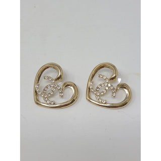 Chanel 2022 Gold-tone Crystal Heart Oversized Stud Earrings