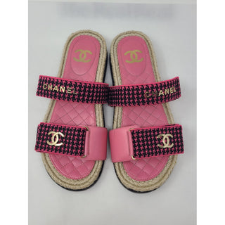 Chanel Pink Black Tweed Interlocking CC Slide sandals 40 EU