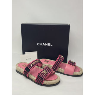 Chanel Pink Black Tweed Interlocking CC Slide sandals 40 EU