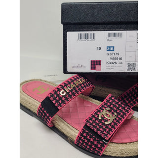 Chanel Pink Black Tweed Interlocking CC Slide sandals 40 EU