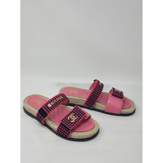 Chanel Pink Black Tweed Interlocking CC Slide sandals 40 EU