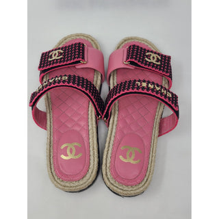 Chanel Pink Black Tweed Interlocking CC Slide sandals 40 EU