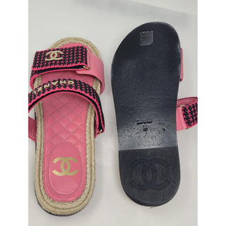 Chanel Pink Black Tweed Interlocking CC Slide sandals 40 EU