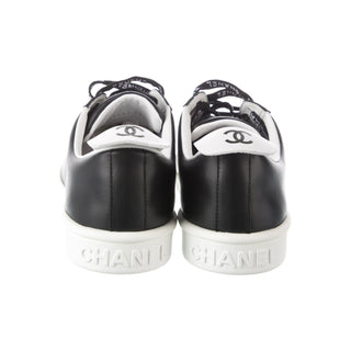 Authentic Chanel Black Leather Interlocking CC Logo Sneakers 38.5