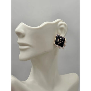 AUTH NEW Chanel Gold-tone Black Strass Interlocking CC Stud Earrings