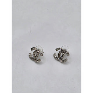 Chanel Silver-tone Strass Interlocking CC Stud Earrings
