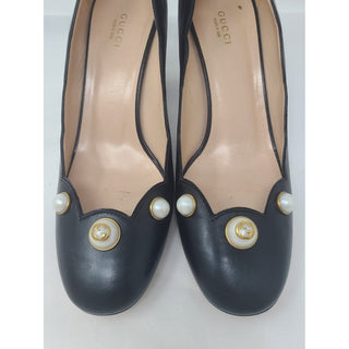 Gucci black leather GG logo pearl embellished heels 40 sz