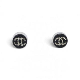 Authentic Chanel Black Resin Crystal Interlocking CC Stud Earrings 04