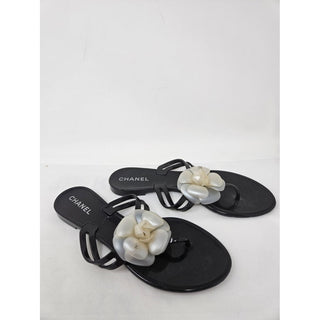 Chanel Black Jelly Camellia Interlocking CC Thong Sandals 39 sz