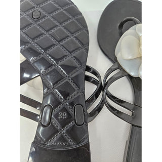 Chanel Black Jelly Camellia Interlocking CC Thong Sandals 39 sz