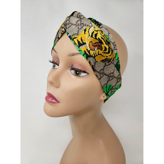 Gucci Beige green GG Monogram print silk headband M sz