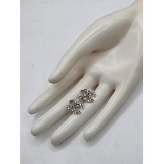 Chanel Silver-tone Strass Interlocking CC Stud Earrings