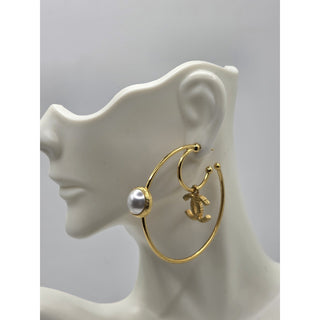 Chanel Gold-tone 2020 Faux Pearl Interlocking Hoop Earrings