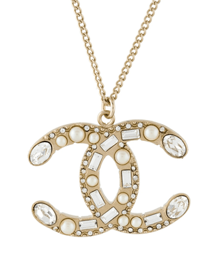 Chanel Gol-tone Faux Pearl Strass CC Pendant Necklace