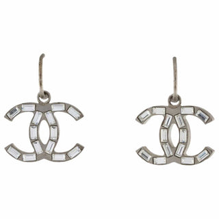 Chanel Interlocking CC Silver-tone Crystal Logo Earrings