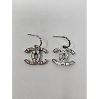 Chanel Interlocking CC Silver-tone Crystal Logo Earrings