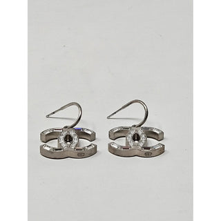 Chanel Interlocking CC Silver-tone Crystal Logo Earrings