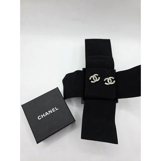 Chanel Silver-tone Strass Interlocking CC Stud Earrings