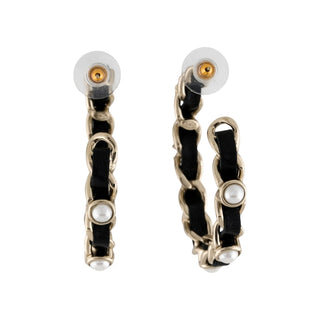 Chanel 2019 Faux Pearl Leather Interlocking CC Hoop Earrings