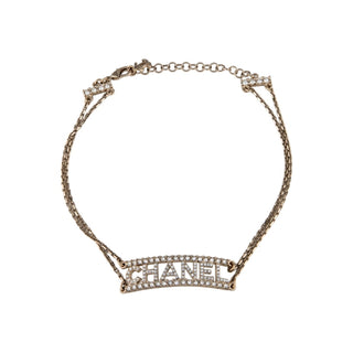 Authentic Chanel 2022 Logo Strass Choker Necklace Gold Choker