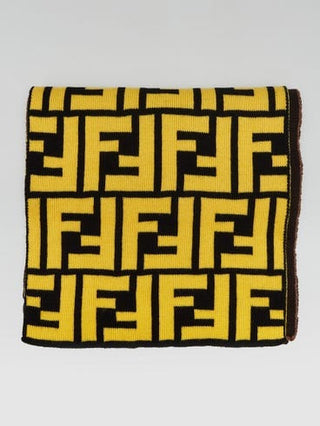 Fendi yellow btown FF Logo Printed Wool reversible scarf