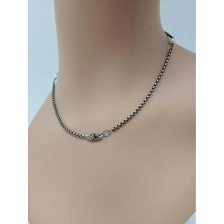 AUTH David Yurman Sterling Silver 14k DY and Pearl Station Cable Necklace