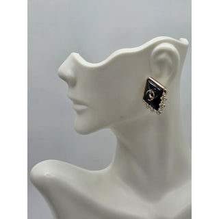 AUTH NEW Chanel Gold-tone Black Strass Interlocking CC Stud Earrings