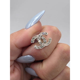 Chanel Silver-tone Strass Interlocking CC Stud Earrings