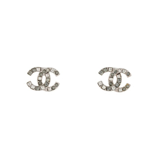 Chanel Silver-tone Strass Interlocking CC Stud Earrings