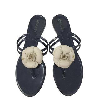 AUTH Chanel Black Jelly Camellia Interlocking CC Thong Sandals 40 EU