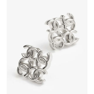 Authentic Chanel 24B Quadruple CC Logo Stud Earrings Silver