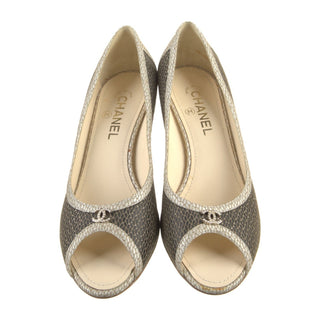 Authentic Chanel Black CC Logo Faux Pearl Peep Toe Pumps 41 sz