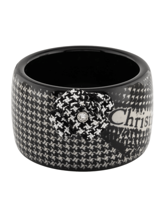 Christian Dior Black Logo Crystal Resin Houndstooth Wide Bangle