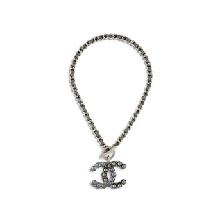 Authentic Chanel 2017 Pearl Leather Strass CC Pendant Necklace 17"