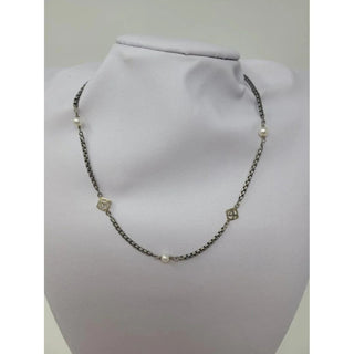 AUTH David Yurman Sterling Silver 14k DY and Pearl Station Cable Necklace
