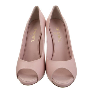 Authentic Chanel Beige Leather Peep Toe CC Logo Pearl Heel 39.5 sz