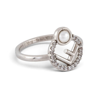 Authentic Fendi "F is Fendi" Crystal & Faux Pearl Cocktail Ring – Size 7.5