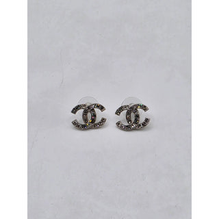 Chanel Silver-tone Strass Interlocking CC Stud Earrings