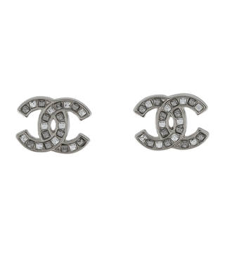 Chanel Silver-tone 2019 Strass Interlocking CC Logo Stud Earrings