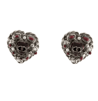 Chanel Faux Pearl & Enamel Heart Stud Earrings