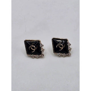 AUTH NEW Chanel Gold-tone Black Strass Interlocking CC Stud Earrings