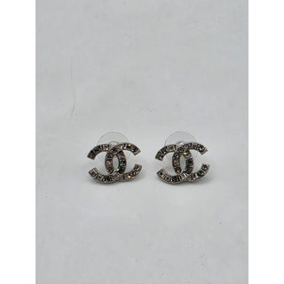 Chanel Silver-tone Strass Interlocking CC Stud Earrings
