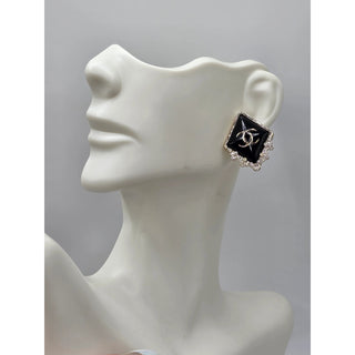AUTH NEW Chanel Gold-tone Black Strass Interlocking CC Stud Earrings