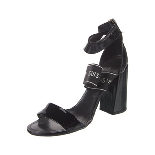 Authentic Louis Vuitton Black Patent Block Heel Sandals – Logo Strap, 39.5