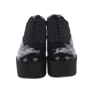 Authentic Chanel 2015 Black Quilted CC Platform Lace-Up Pumps 40.5
