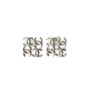 Authentic Chanel 24B Quadruple CC Logo Stud Earrings Silver