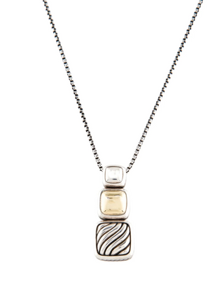 David Yurman 18K Gold Sterling Silver Chiclet Small Triple Drop Pendant Necklace